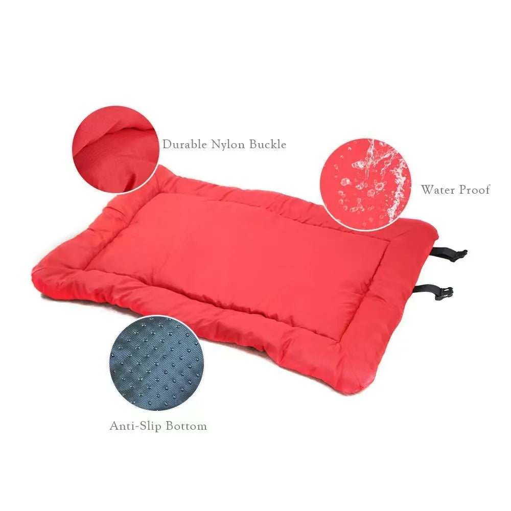 Blue foldable waterproof dog bed shown both unfolded and compactly folded with buckles.