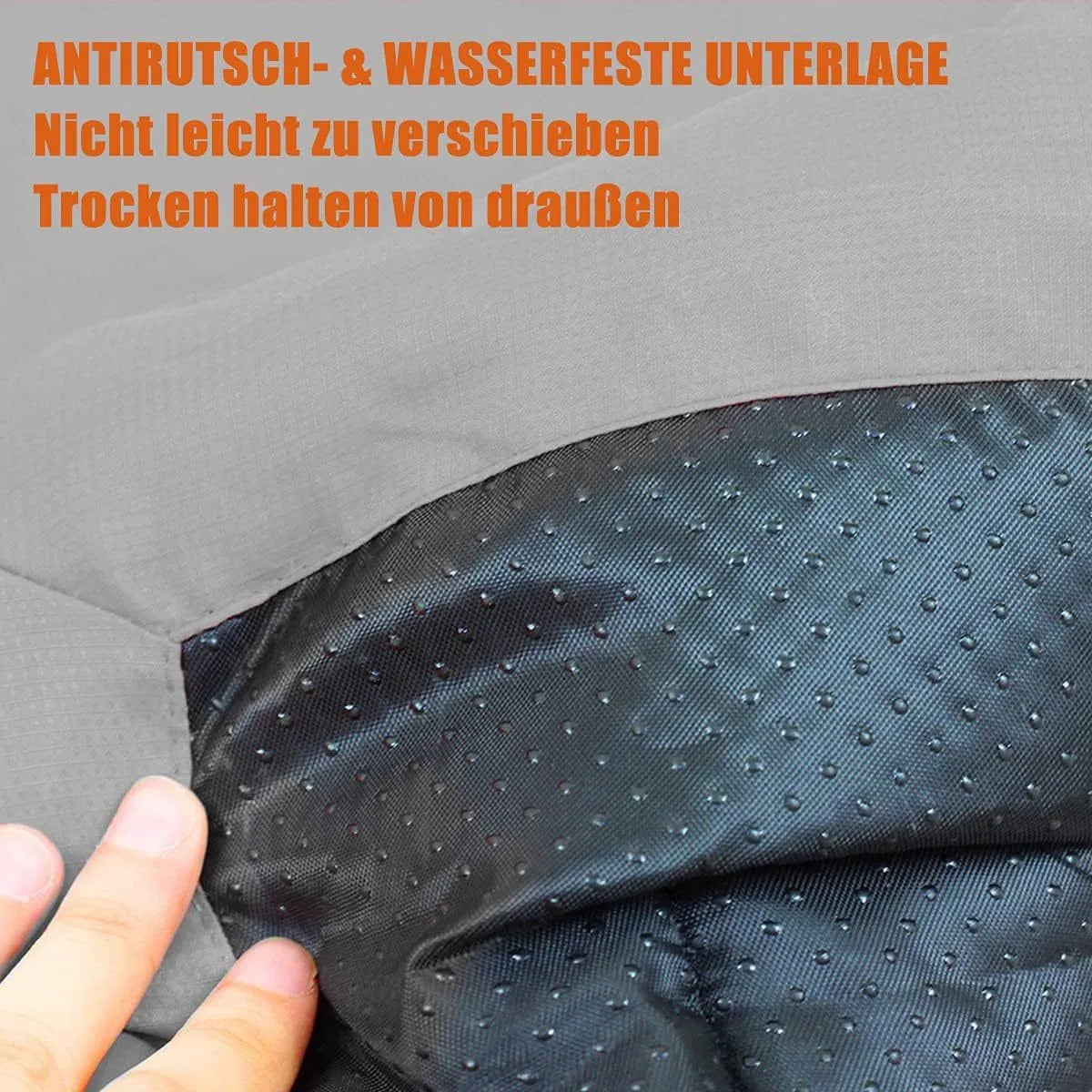 Blue foldable waterproof dog bed shown both unfolded and compactly folded with buckles.