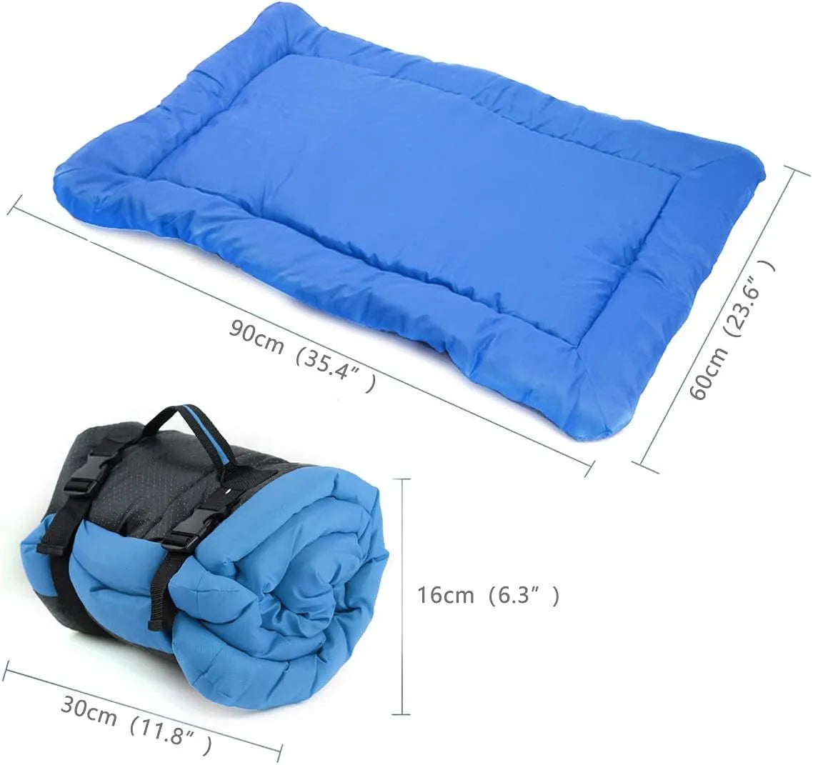 Blue foldable waterproof dog bed shown both unfolded and compactly folded with buckles.