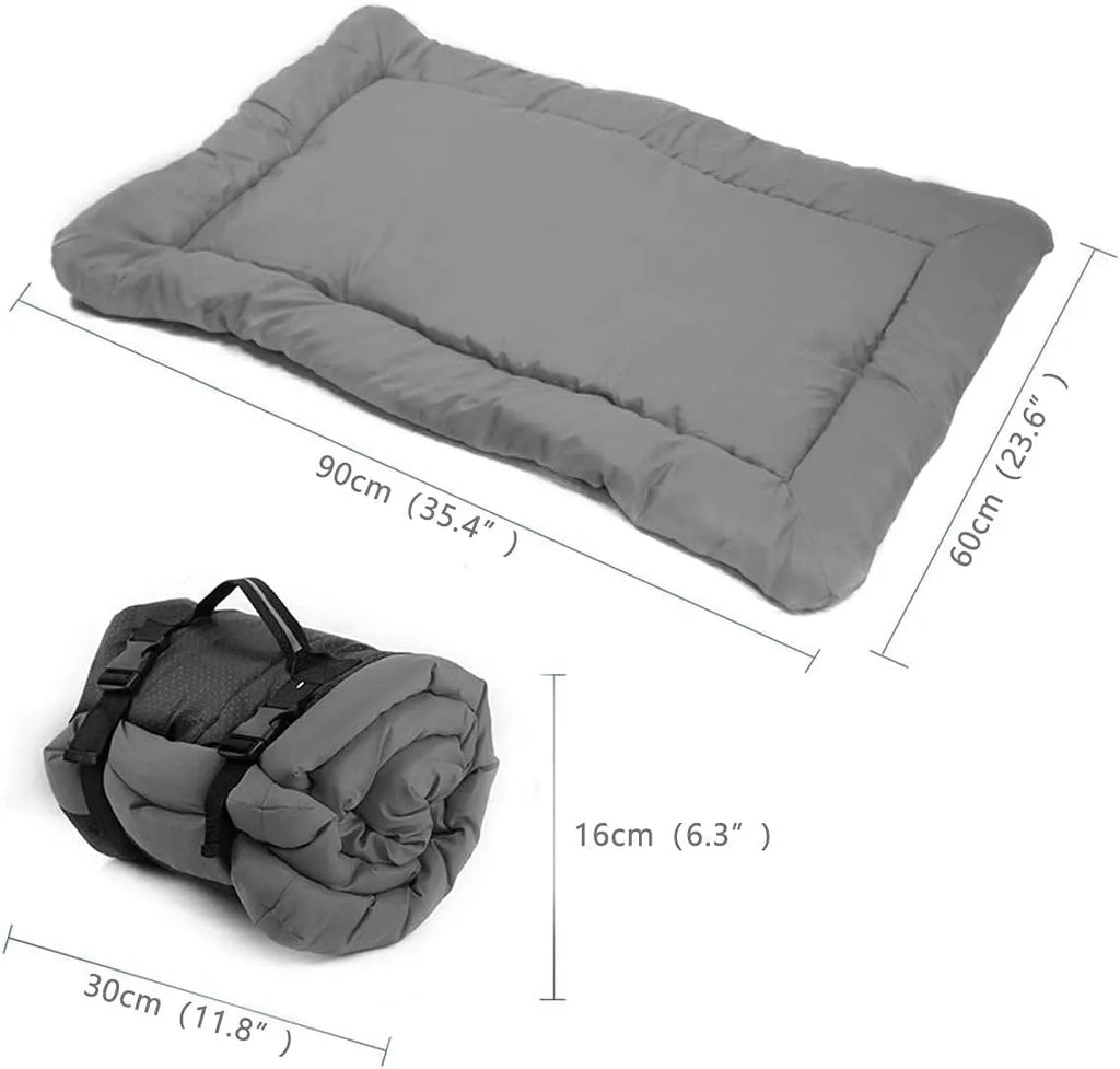 Blue foldable waterproof dog bed shown both unfolded and compactly folded with buckles.