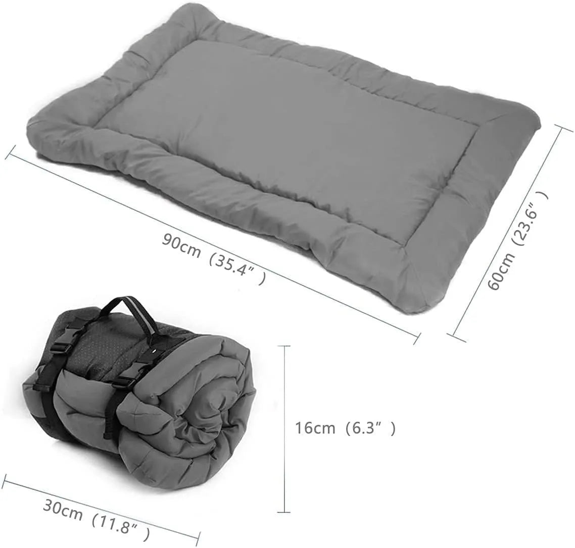 Blue foldable waterproof dog bed shown both unfolded and compactly folded with buckles.