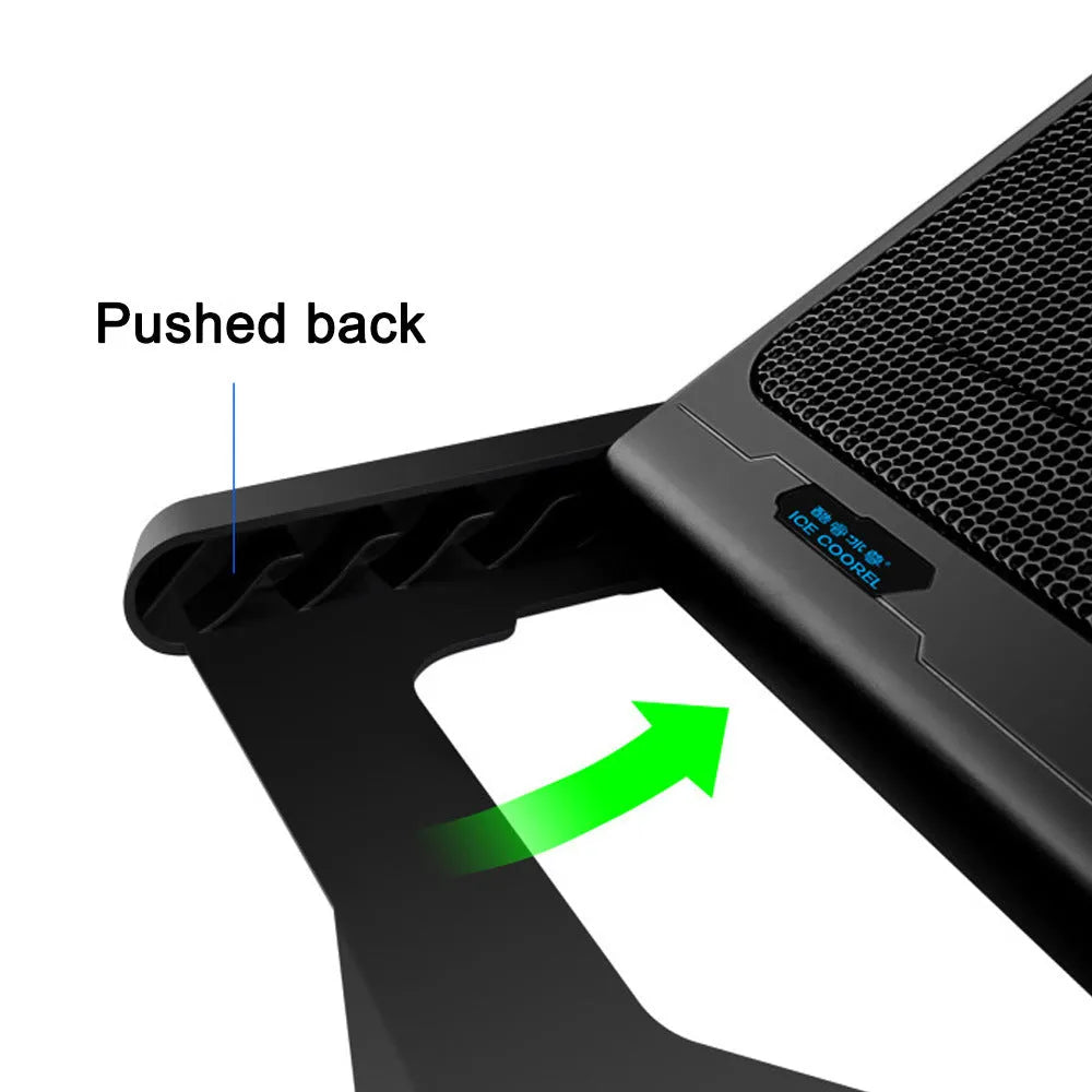 Metal mesh laptop cooling board with LCD display showing speed settings