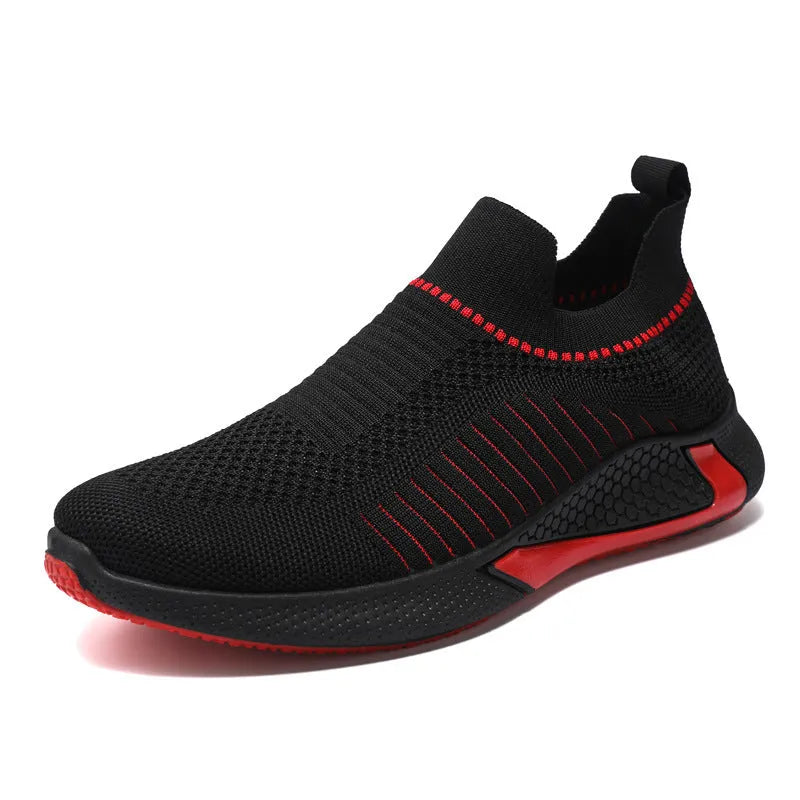 Men's mesh sock shoes with Flyknit upper and striped design in black, black white, and white colour options