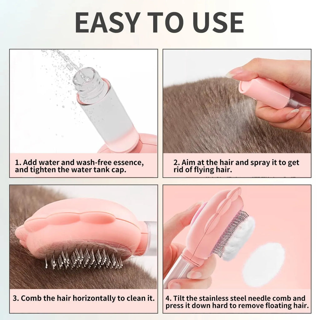 Grey spray cat grooming brush with self-cleaning button and curved stainless steel bristles on a white background.