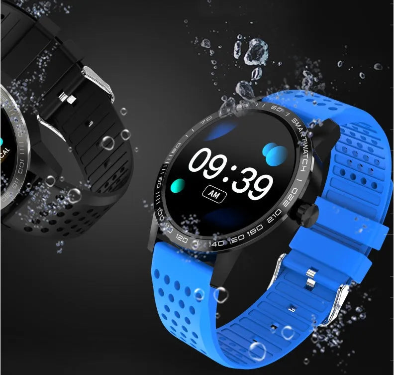 Black smart bracelet with colour screen displaying heart rate and step count data