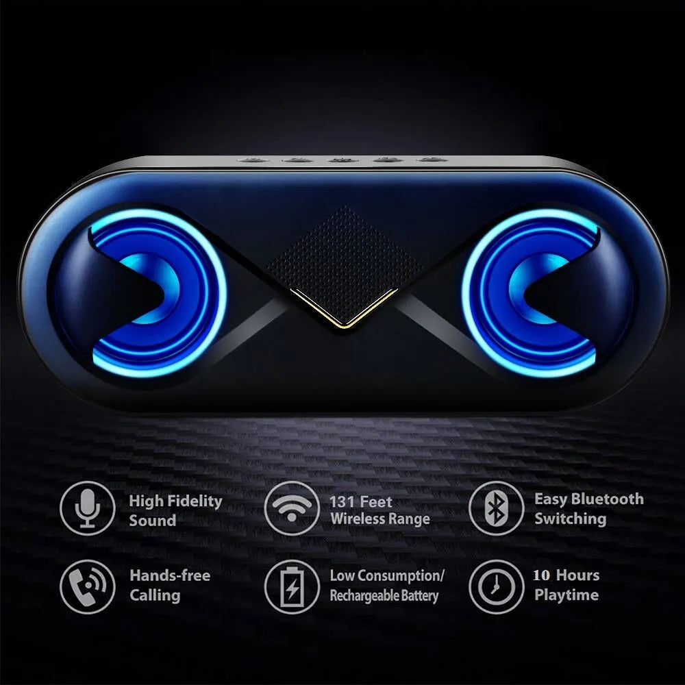 Black Bluetooth speaker with button controls and TF card slot on front