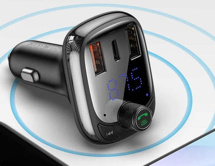 Black car charger with anti-slip shrapnel for hands-free calling and dual device connection