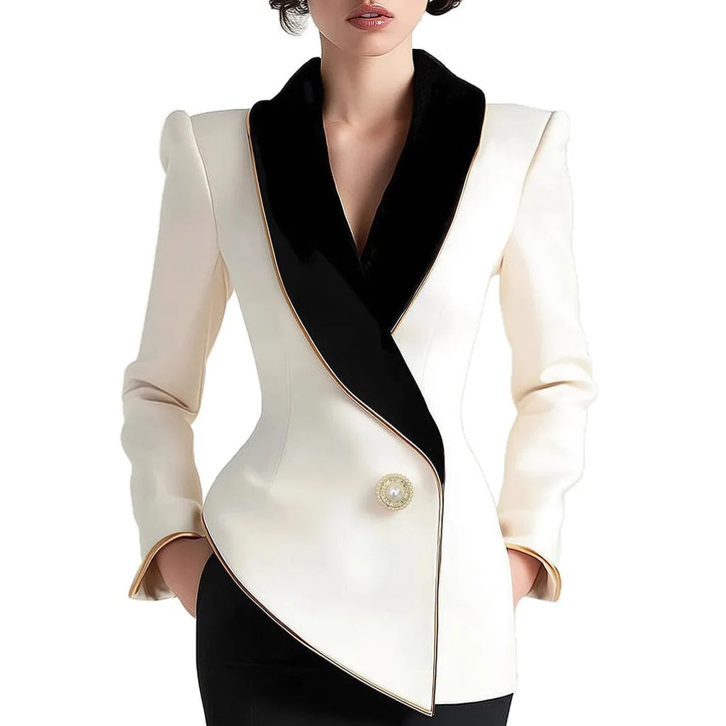 Women's milky white beige TR polyester coat with golden edge pearl buttons and irregular cut