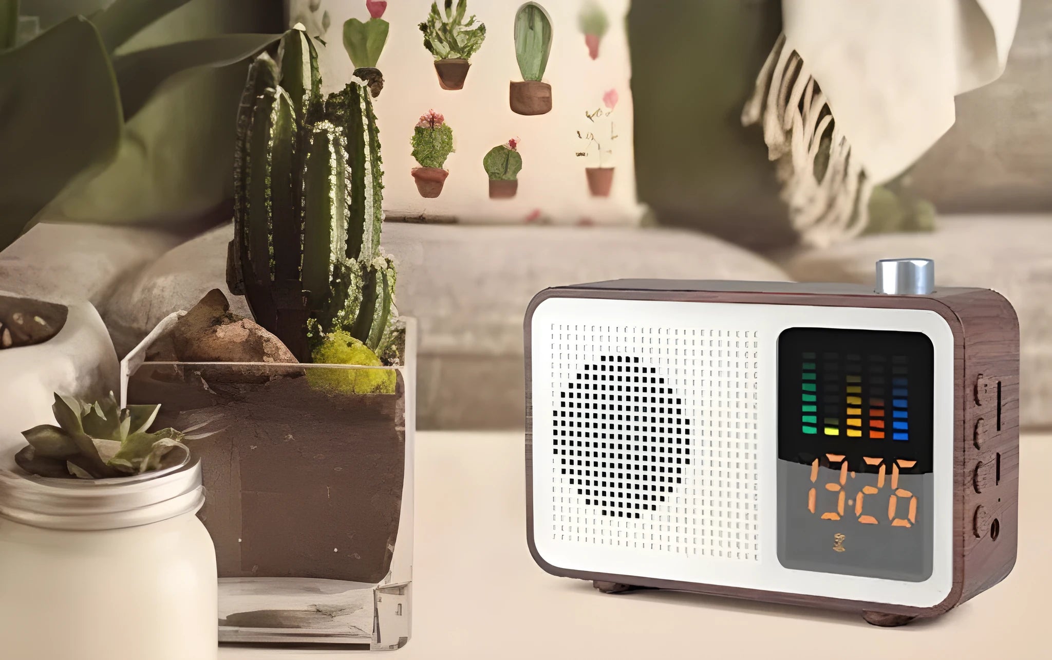 Brown wooden retro-style portable Bluetooth speaker with FM AM radio