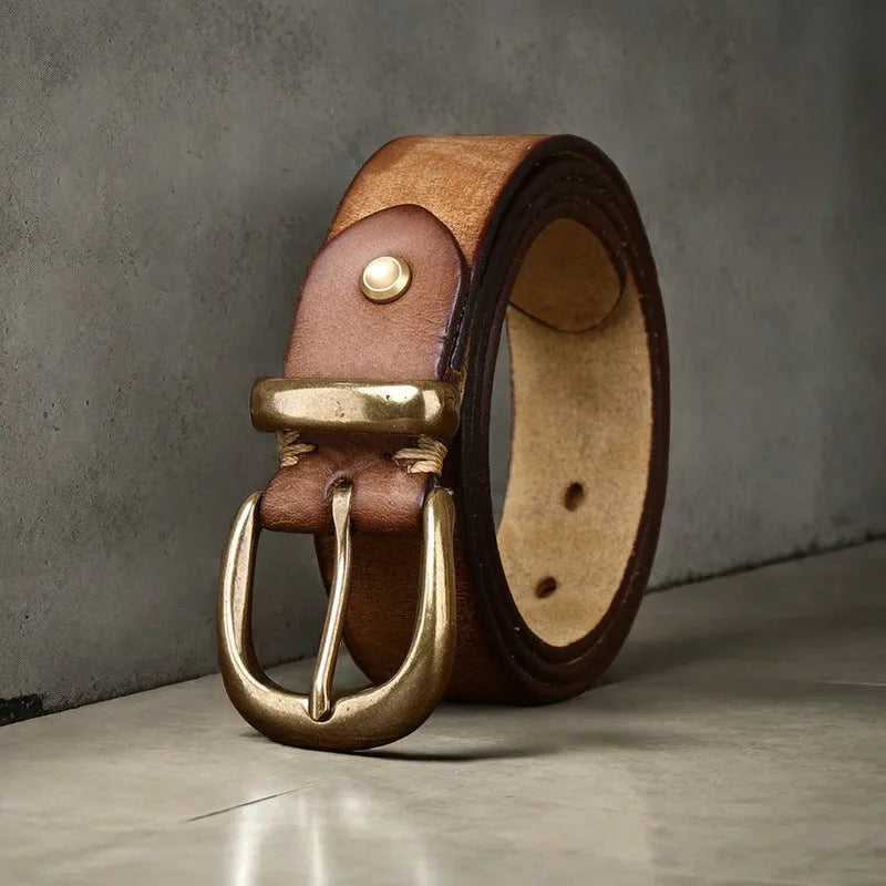 Men's leather belt with copper buckle in black, brown and khaki colours