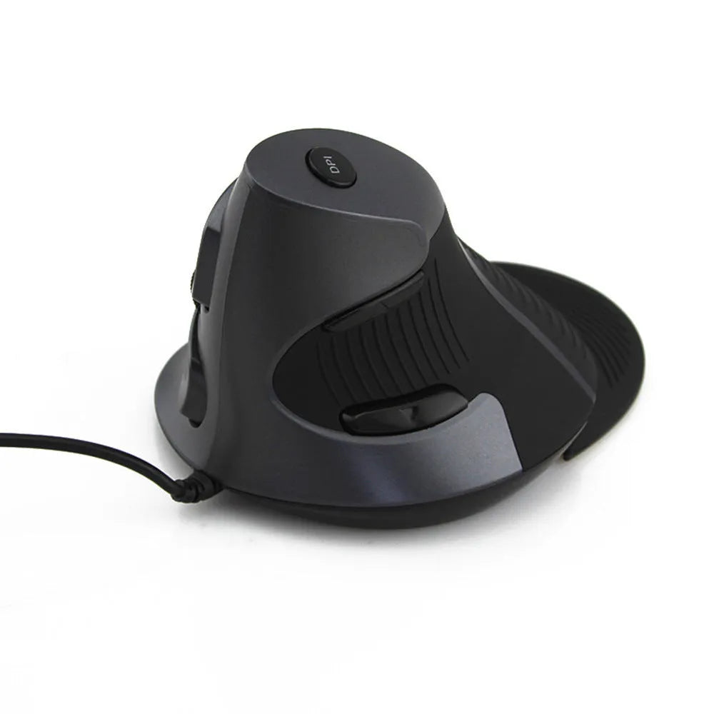 Black and white ergonomic vertical wired optical mouse for desktop computers.