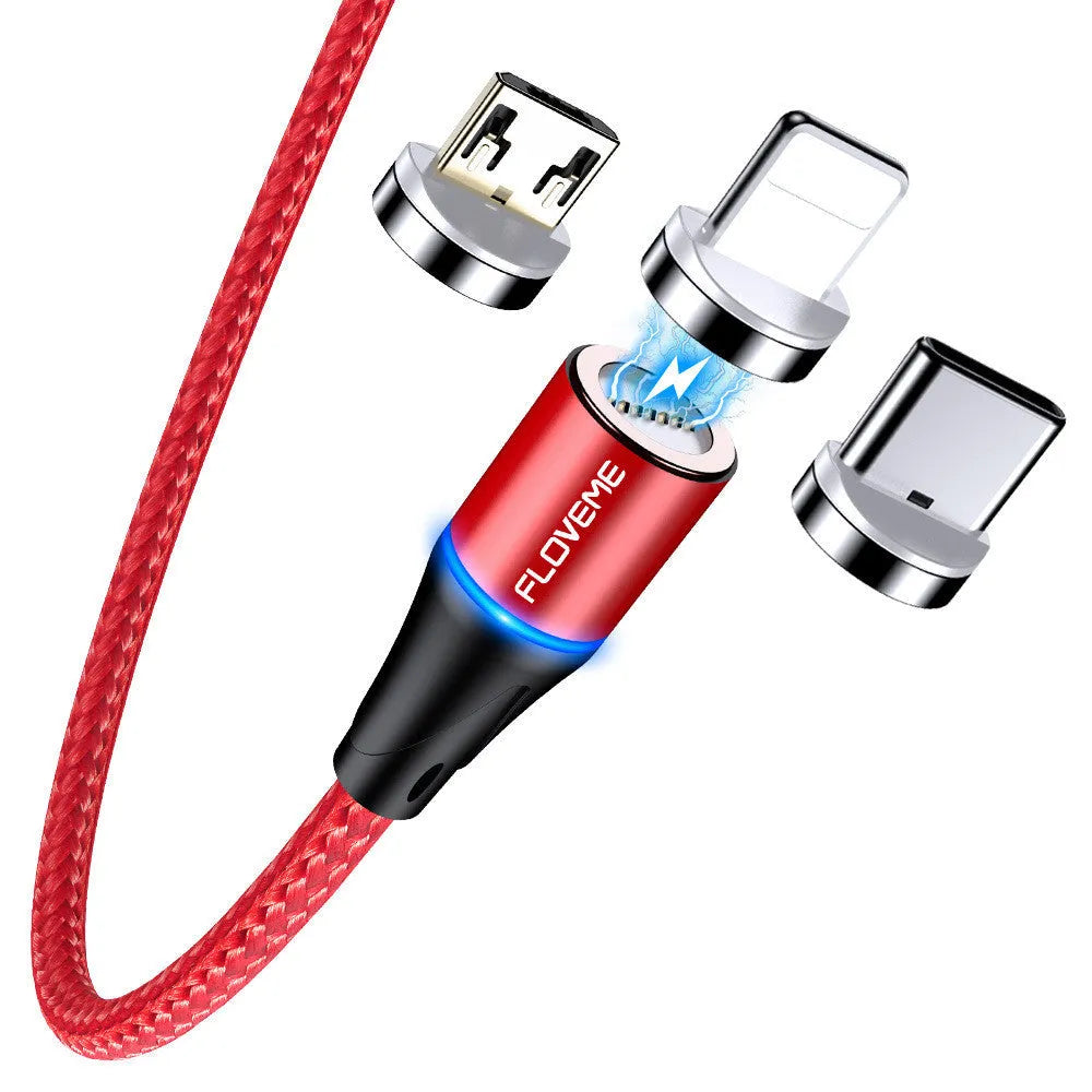 Black magnetic USB charging cable with illuminated side light on connector, next to smartphone.