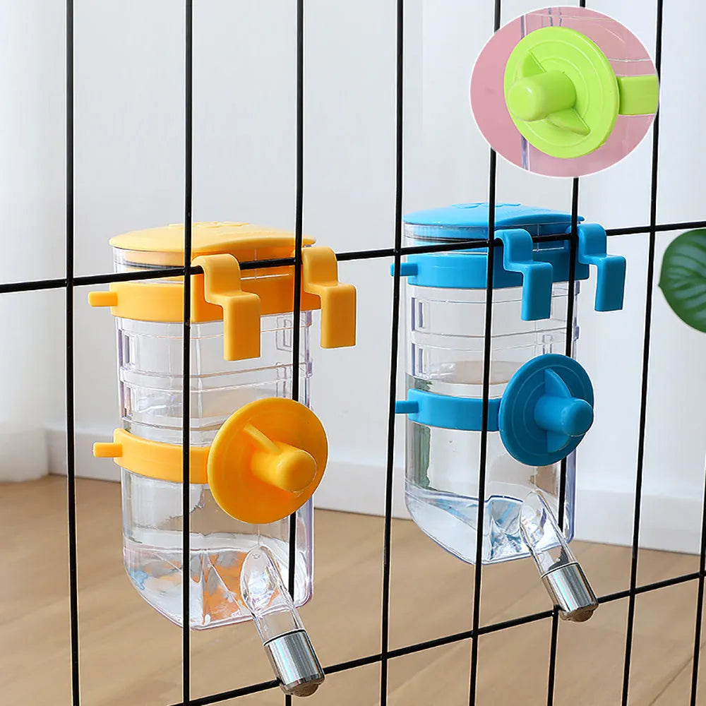 No drip dog kennel water bottle dispenser in blue, dripless hanging pet fountain for crate with automatic water refill