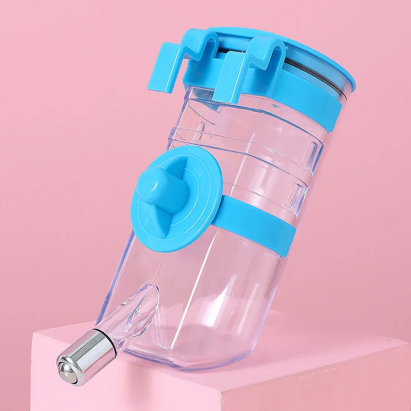 No drip dog kennel water bottle dispenser in blue, dripless hanging pet fountain for crate with automatic water refill