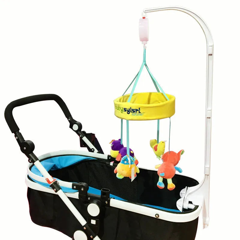 White plastic baby stroller ornament bracket measuring 95cm high and 17cm wide for attaching toys