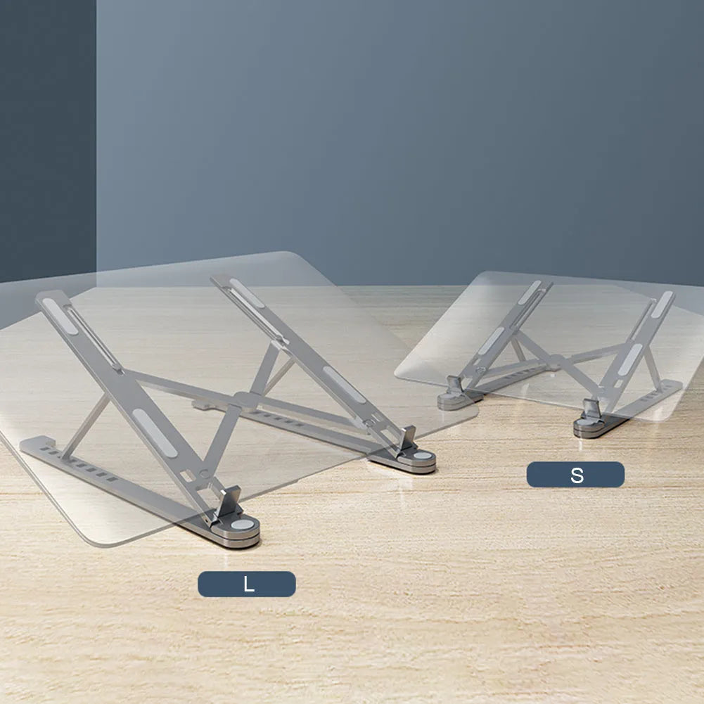 Foldable aluminum laptop stand in silver colour, shown both open in use and folded flat.