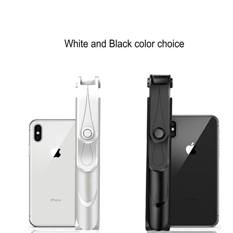 Bluetooth handheld selfie stick in black with extended arm and smartphone holder, remote control support