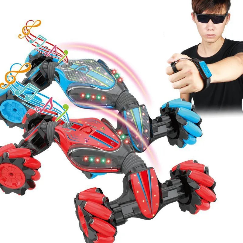Gesture sensing remote control twisting car in blue with drift light music features on a flat surface
