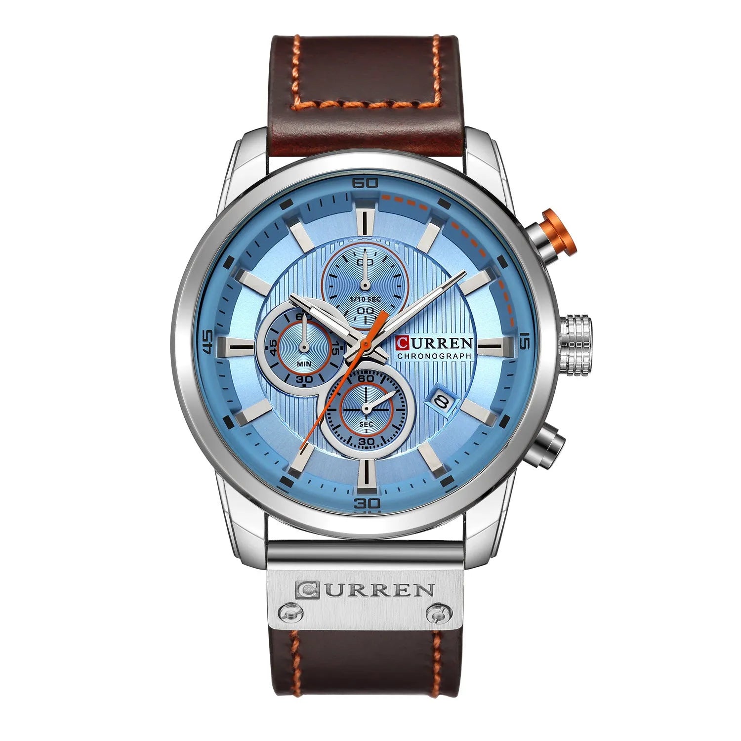 Men waterproof chronograph sport military quartz wristwatch with leather band, titanium buckle, and 47mm dial on wrist