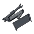Black universal car phone holder mounted on a car rear seat base, holding a tablet for navigation