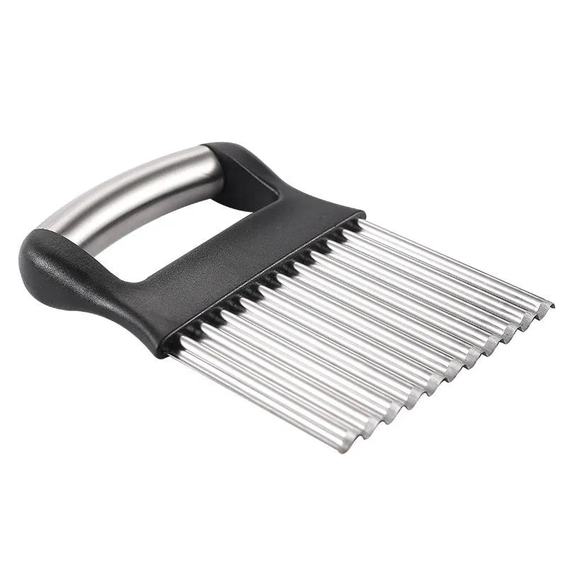 Stainless steel potato wave knife for cutting crinkle chips, shown in black on a kitchen surface.