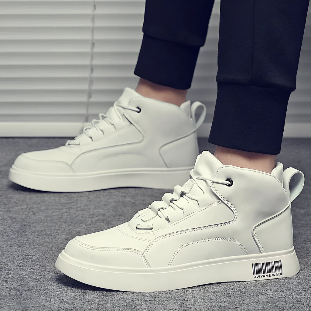Men's white mid-top lace-up casual trainers with round toe and rubber sole.
