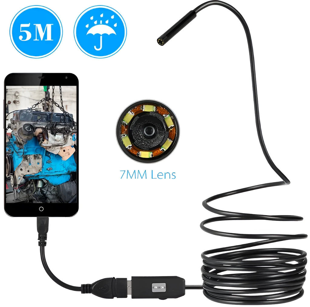 OWSOO USB endoscope camera with flexible cable, magnet, hook, and side mirror next to a smartphone.