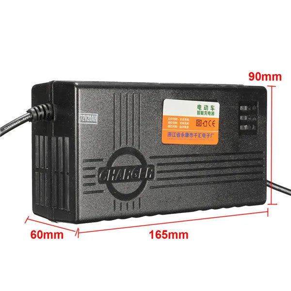 72V20AH electric car charger for lead-acid batteries with compact black housing.