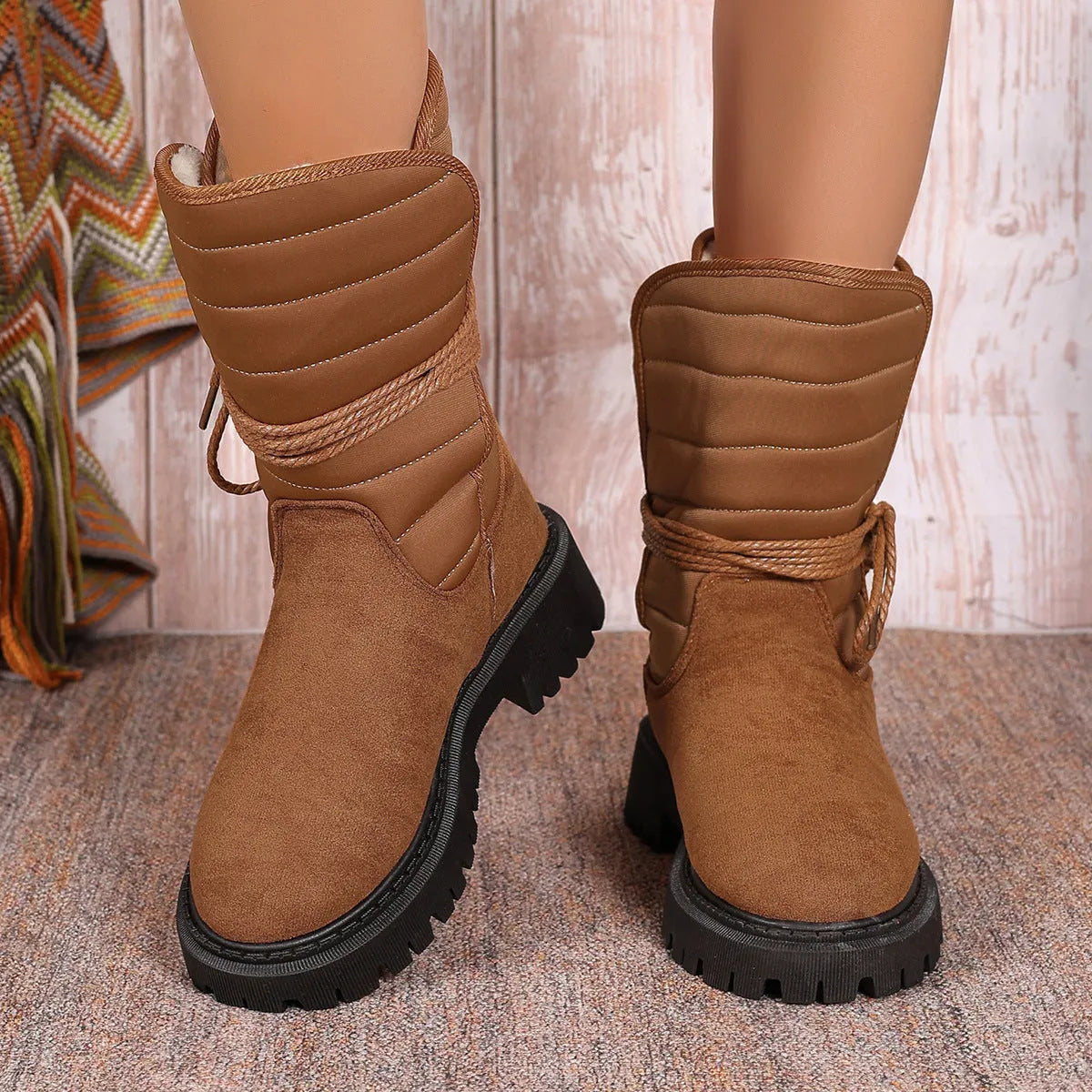 Women's chunky heel mid-tube snow boots with lace-up design in black, grey, and brown colours