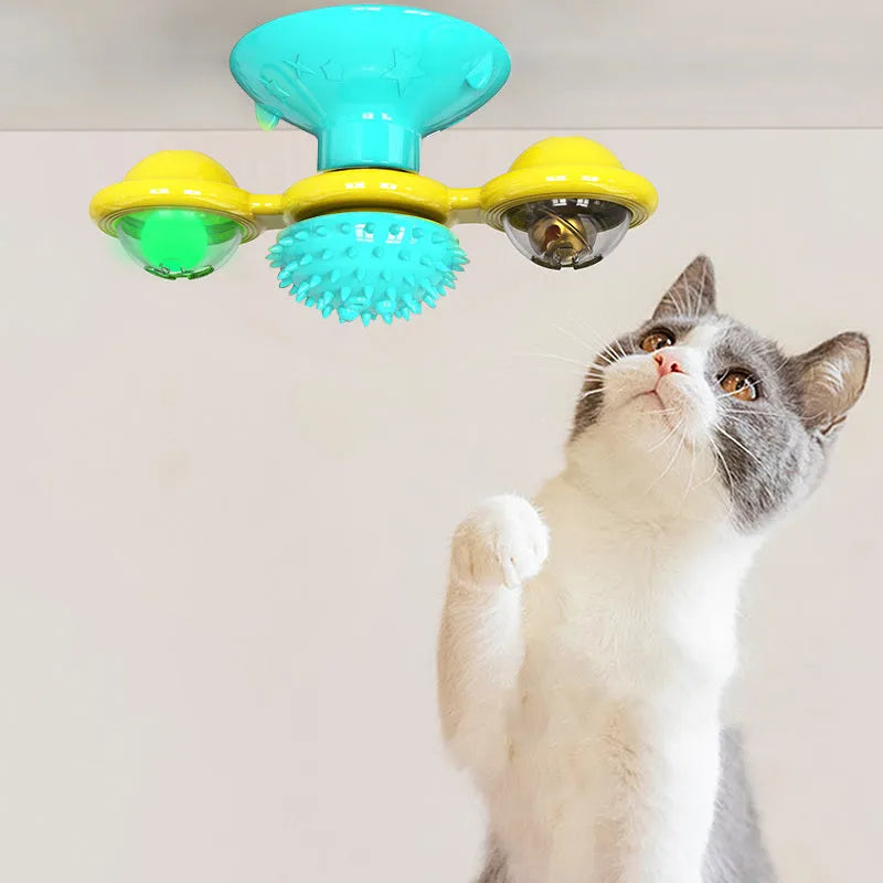 Cat rotating windmill toy with suction base and two transparent bins on blades