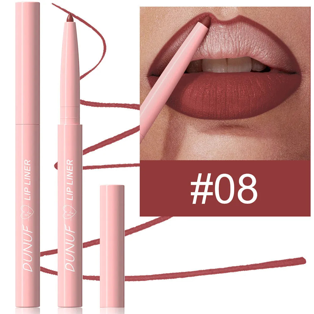 Velvet matte lip liner pencil in a choice of 12 colours for easy application.