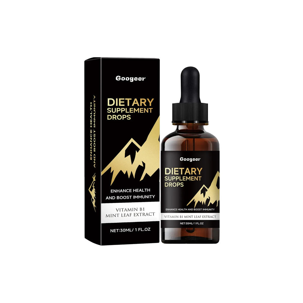 60ml glass bottle of clear dietary supplement drops with a black dropper top