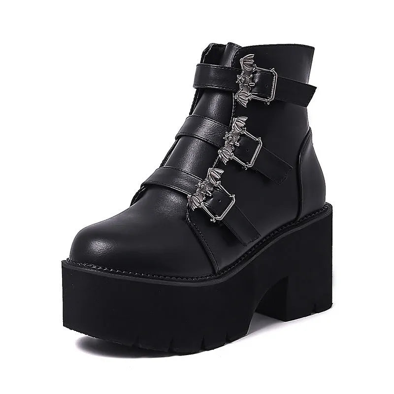 Black Gothic short boots with bat buckle, thick heel, and side zipper for Harajuku punk style