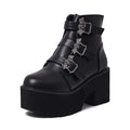 Black Gothic short boots with bat buckle, thick heel, and side zipper for Harajuku punk style