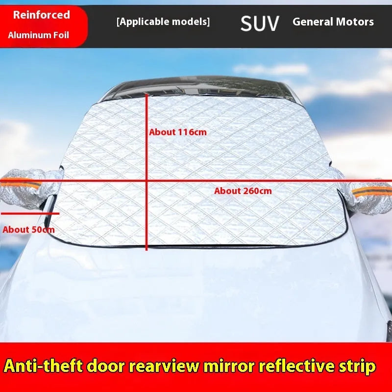 Large silver aluminium foil car windscreen cover for SUVs with five black magnets and reflective strips.