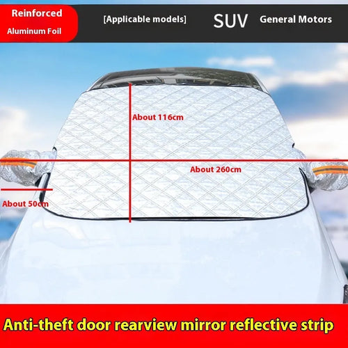 Large silver aluminium foil car windscreen cover for SUVs with five black magnets and reflective strips.