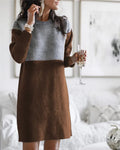 Brown women's polar fleece princess dress with patchwork collage stitching and long sleeves