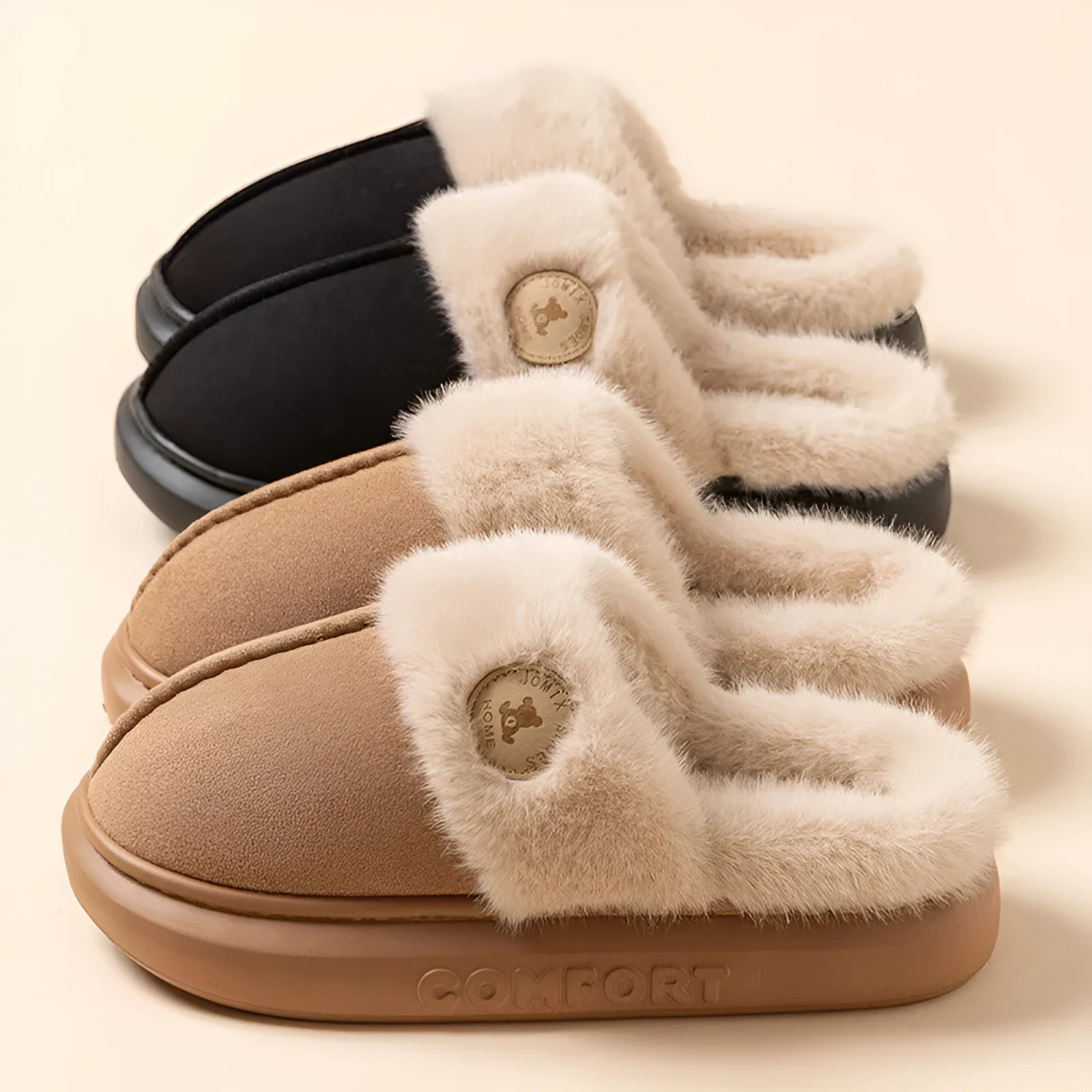 Fleece-lined indoor slippers with thick PVC soles in five colour options