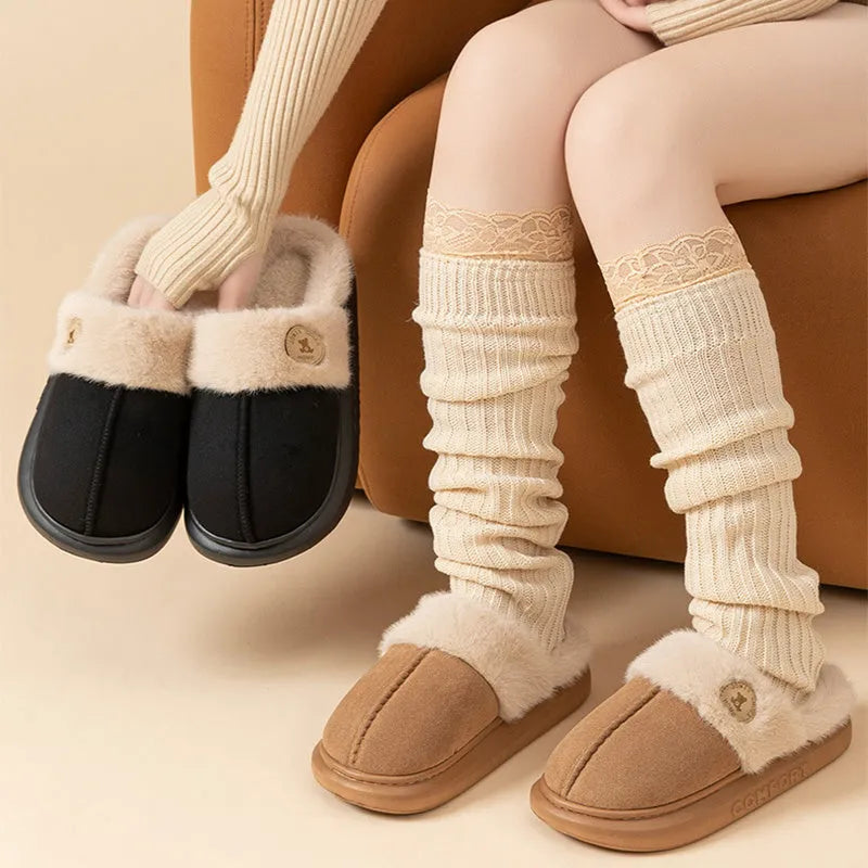 Fleece-lined indoor slippers with thick PVC soles in five colour options