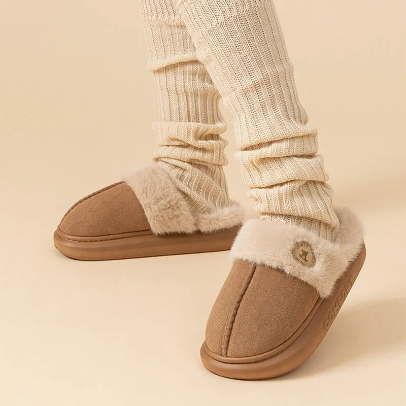 Fleece-lined indoor slippers with thick PVC soles in five colour options