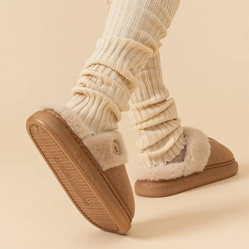Fleece-lined indoor slippers with thick PVC soles in five colour options