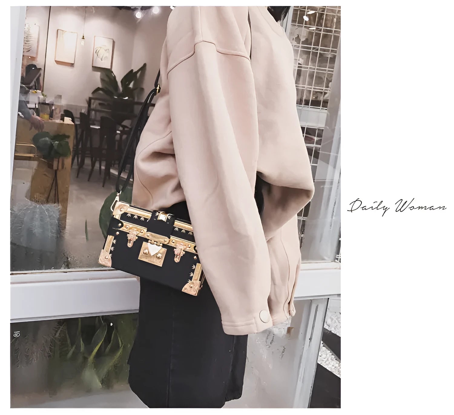 Women's black PU leather hard flap shoulder bag with decorative rivets and hasp closure