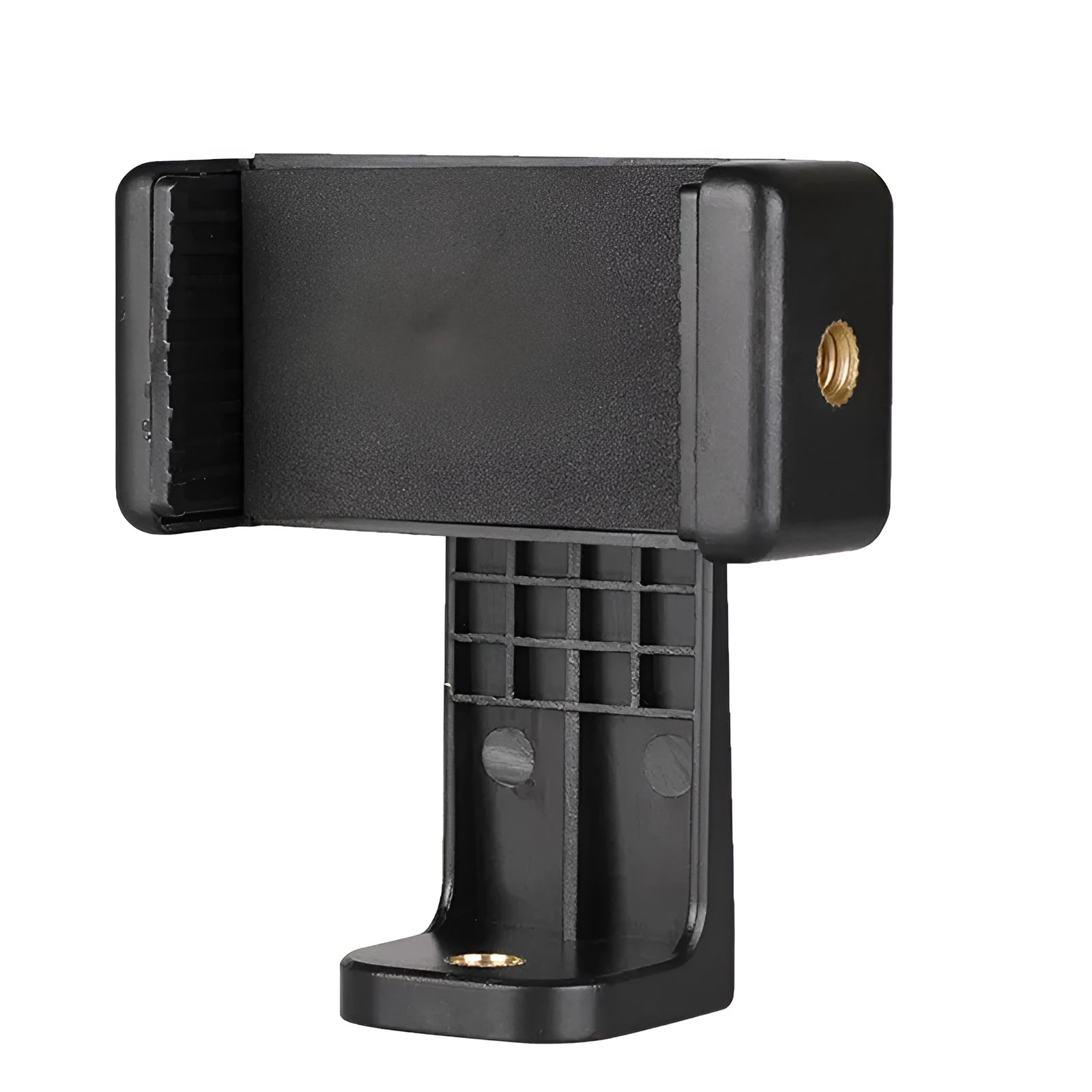 Black plastic phone holder with rotating clamp on a desk