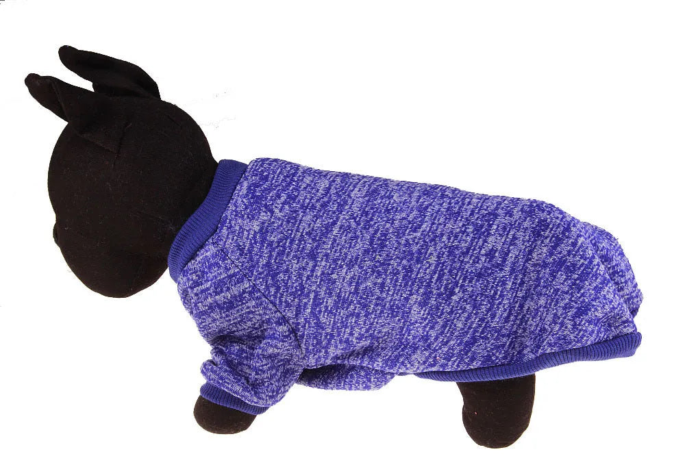 Colorful cotton two-legged pet sweater for small dogs, with neck and chest measurements, available in multiple sizes