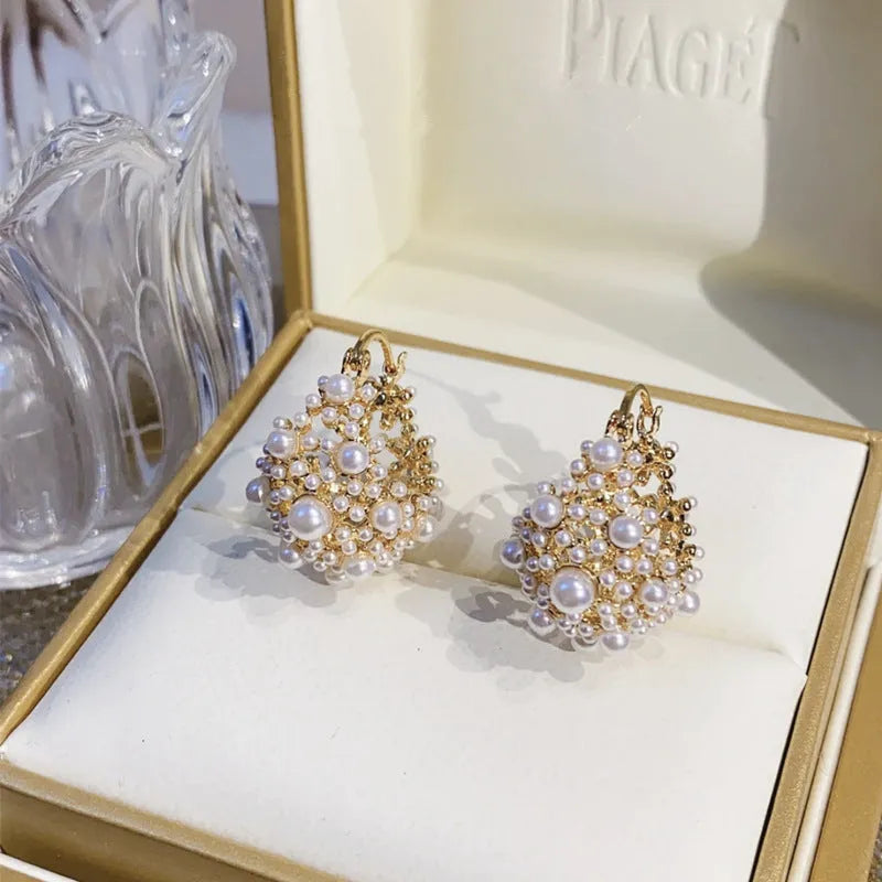 Gold colour copper flower basket earrings with small bead floral pattern and pearl inlay