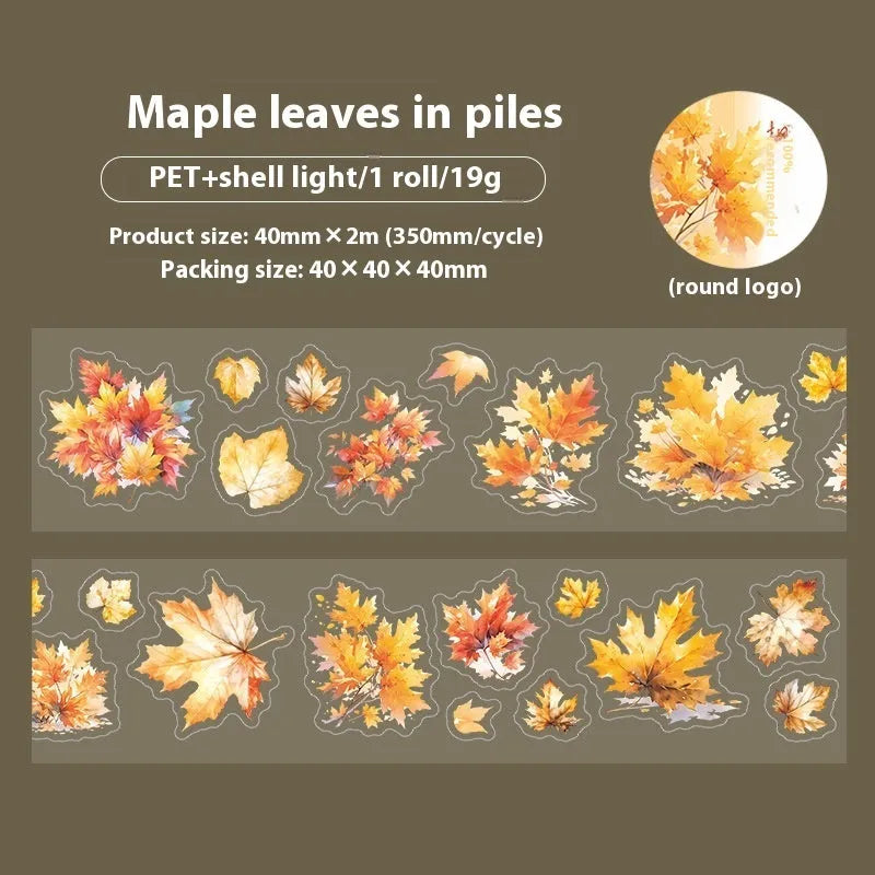 Roll of PET decorative stickers showing six botanical colour designs with 40mm width and 2m length dimensions
