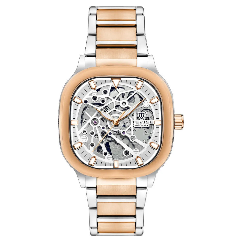Men's waterproof automatic watch with square hollow luminous dial on stainless steel strap