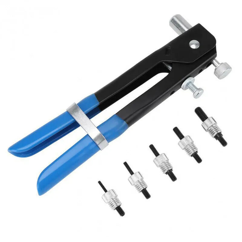 Manual riveter gun tool and assortment of alloy steel rivet nuts from an 86-piece or 106-piece fastener set.