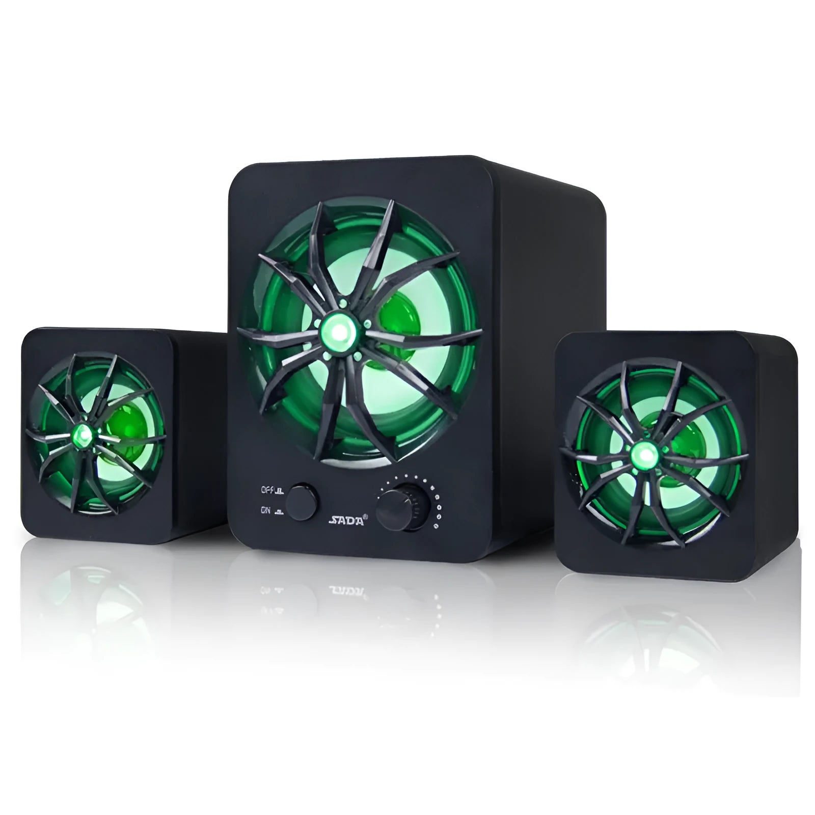 Green 2.1 USB computer speaker with colourful LED lighting on desktop