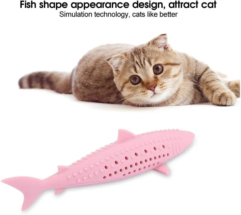 Green silicone fish-shaped interactive chew toy for cats with breathable side holes